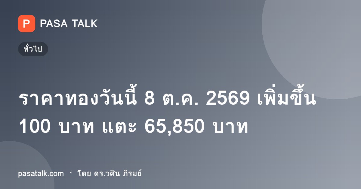 ราคาทองวันนี้ 8 ต.ค. 2569 เพิ่มขึ้น 100 บาท แตะ 65,850 บาท