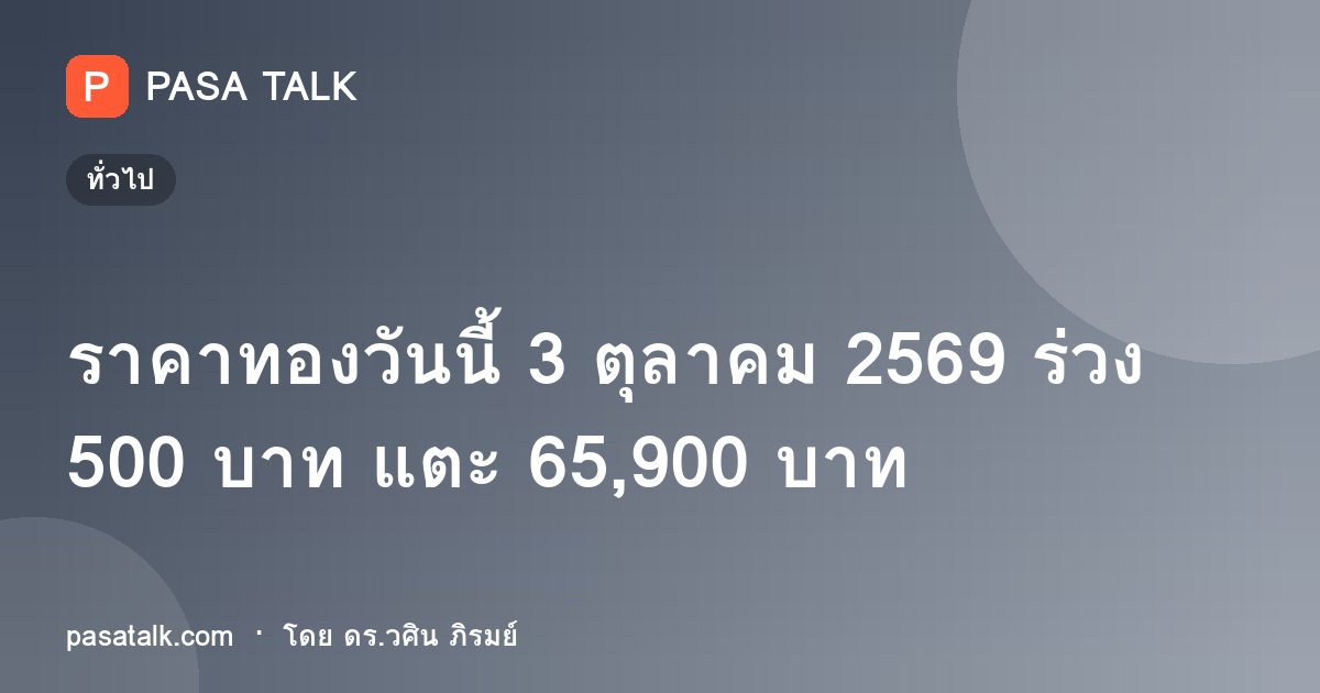 ราคาทองวันนี้ 3 ตุลาคม 2569 ร่วง 500 บาท แตะ 65,900 บาท