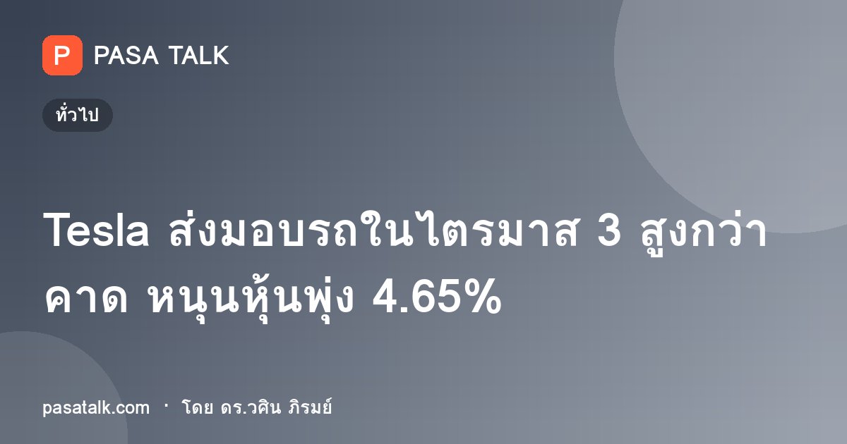 Tesla ส่งมอบรถในไตรมาส 3 สูงกว่าคาด หนุนหุ้นพุ่ง 4.65%
